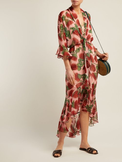 Adriana Degreas Fiore Protea-print Silk Ruffled Midi Dress Pink Print - 70% Off Sale