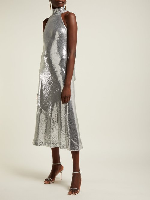 Galvan Daniela Sequinned Halterneck Midi Dress Silver - 70% Off Sale