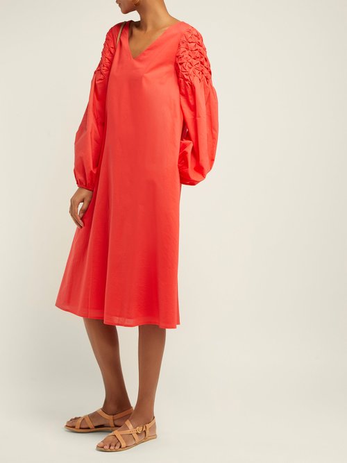 Merlette Balboa Smocked Cotton Dress Red Gold - 70% Off Sale