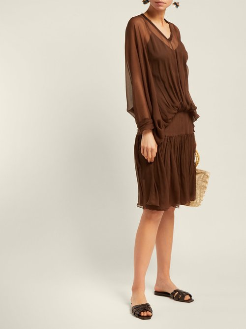 Albus Lumen Carino Gathered Silk-chiffon Dress Brown - 70% Off Sale