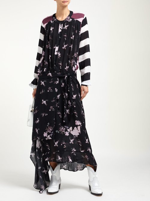 Preen Line Sora Floral And Stripe-print Asymmetric Dress Black Multi - 70% Off Sale