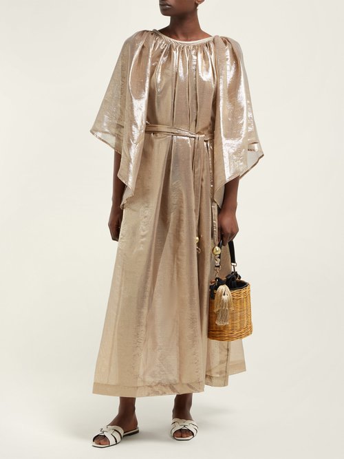 Lisa Marie Fernandez Angel-sleeve Belted Cotton-blend Dress Gold Multi - 70% Off Sale