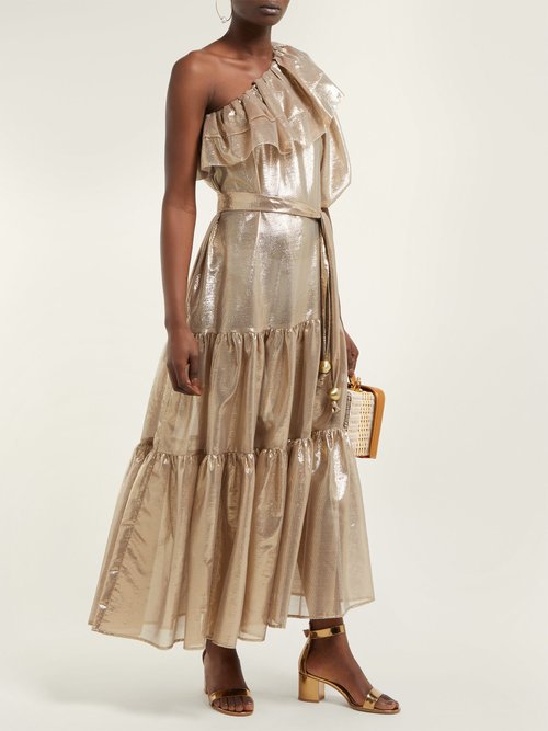 Lisa Marie Fernandez Arden Asymmetric Tiered Lamé Midi Dress Gold Multi - 70% Off Sale