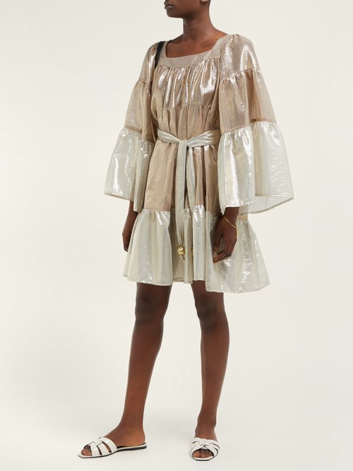 Lisa Marie Fernandez Panelled Tiered Lamé Midi Dress Gold Multi – 70% Off Sale