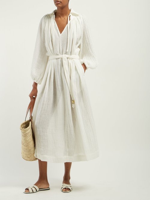 Buy Lisa Marie Fernandez Poet Belted Slubbed Linen-blend Dress White online - shop best Lisa Marie Fernandez clothing sales