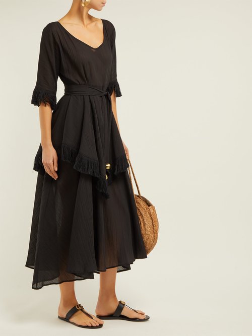 Lisa Marie Fernandez Laura Fringed-trimmed Cotton Midi Dress Black - 70% Off Sale