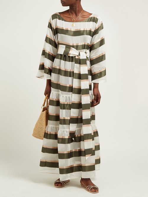 Lisa Marie Fernandez Tiered Striped Voile Maxi Dress Green White - 70% Off Sale