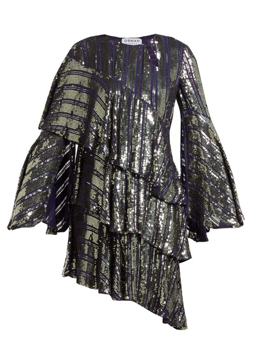 Osman - Tina Sequin Asymmetric-tiered Dress Dark Grey