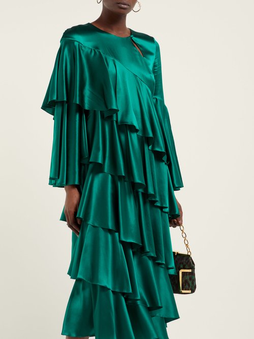 Osman Diaz Tiered Silk-blend Satin Dress Green - 70% Off Sale
