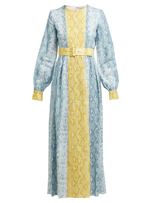 Emilia Wickstead - Snakeskin-print Linen Dress - Womens - Blue Print