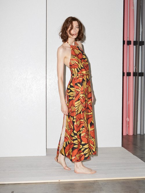 Raey Split-skirt Floral-chintz Halterneck Dress Orange Multi - 70% Off Sale