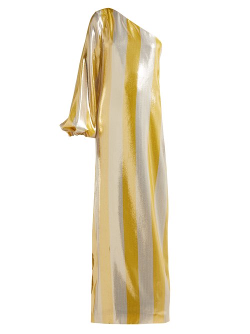 By. Bonnie Young - Asymmetric Striped Lamé Gown Metallic