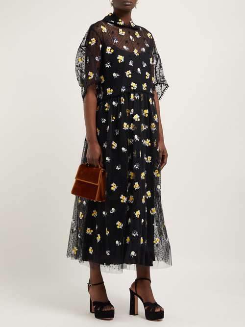 Biyan Anita Floral-embroidered Tulle Dress Black Yellow - 70% Off Sale