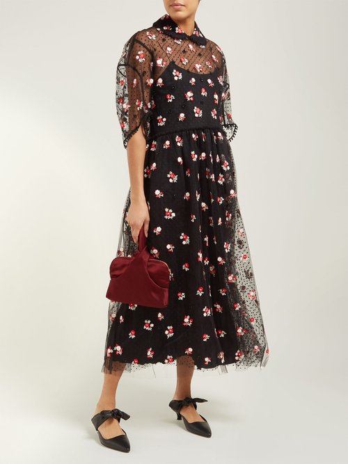 Biyan Anita Floral-embroidered Tulle Dress Black Red - 70% Off Sale