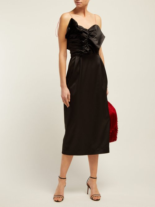 Anna October Ruffled Satin Midi Dress Black - 70% Off Sale