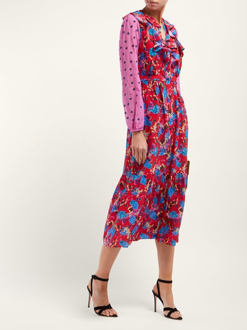 Saloni Ginny Hydrangea-print Silk-crepe Midi Dress Red Multi - 70% Off Sale
