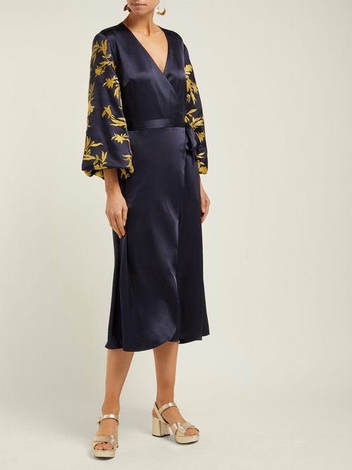 Osman Embroidered Satin Wrap Dress Navy Gold - 70% Off Sale