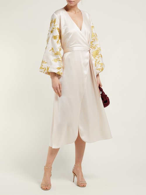 Buy Osman Floral-embroidered Satin Wrap Dress Ivory Multi online - shop best Osman clothing sales