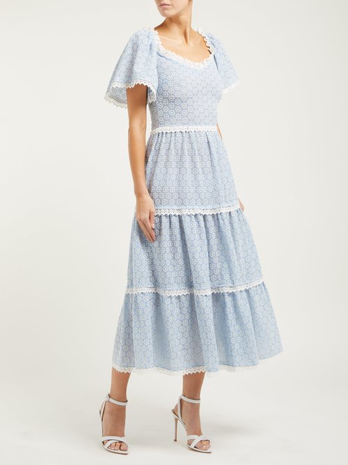 Luisa Beccaria Lace-trimmed Broderie-anglaise Cotton-blend Dress Blue White - 70% Off Sale
