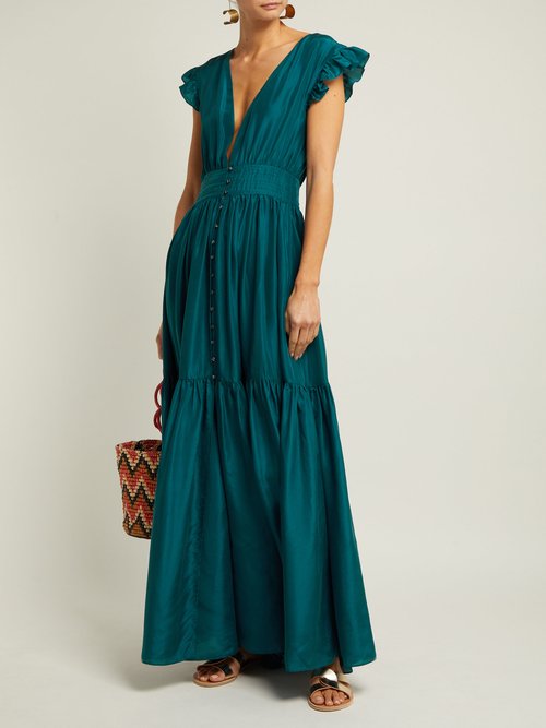 Loup Charmant Mayette Silk Tiered Maxi Dress Dark Green - 70% Off Sale