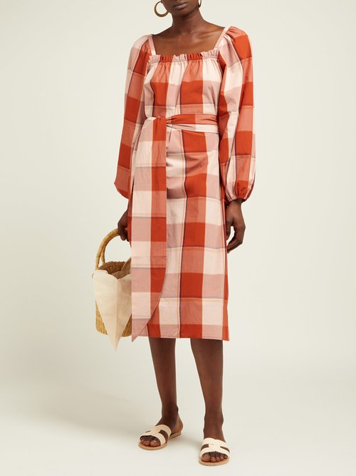 Belize Greta Shoulder-tie Checked Cotton Dress Red Multi - 70% Off Sale
