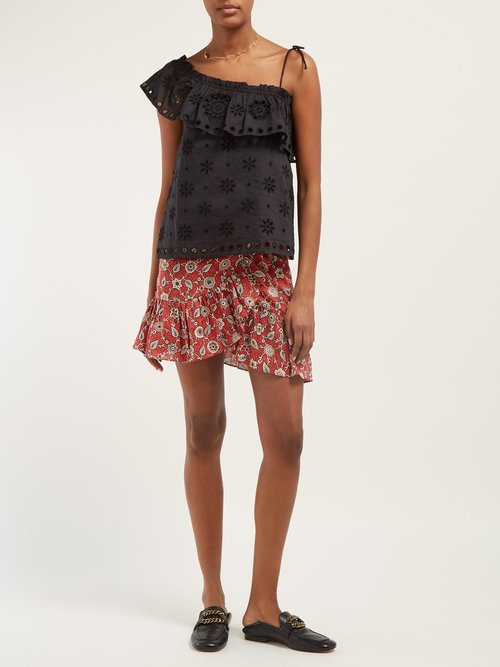 REDValentino Ruffled One-shoulder Broderie-anglaise Top Black - 70% Off Sale