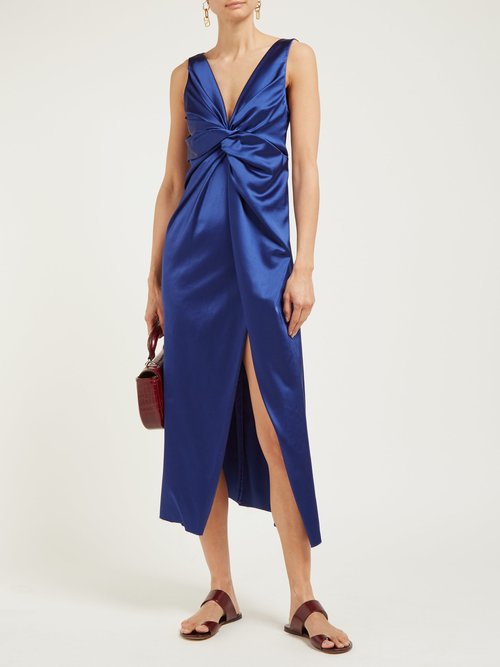 Marina Moscone Twist-front Satin Dress Blue – 70% Off Sale