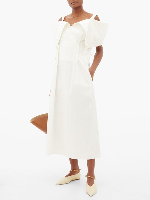Jil Sander Gabi Off-the-shoulder Cotton-blend Poplin Dress White - 70% Off Sale