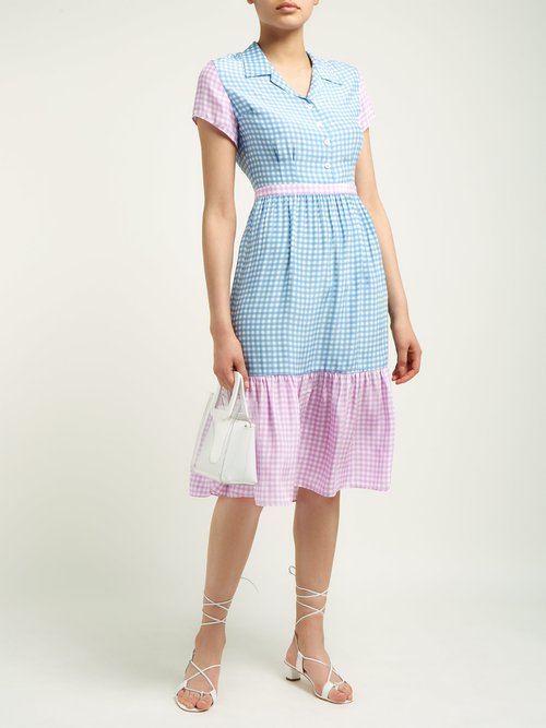 HVN Charlotte Contrast-panel Gingham Silk Dress Blue Multi – 70% Off Sale
