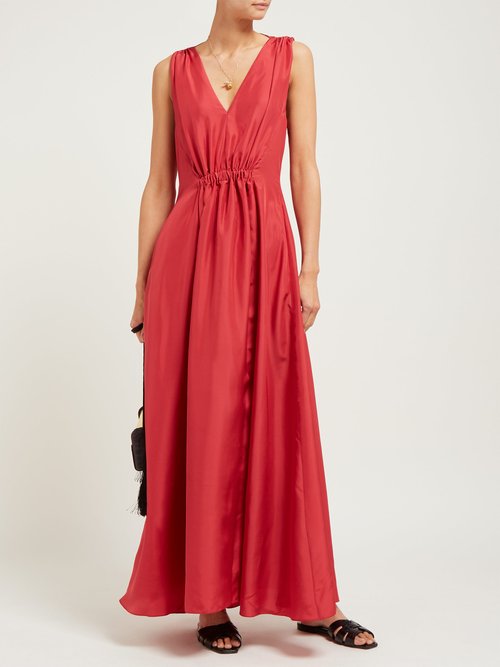 Three Graces London Felicienne V-neck Silk Maxi Dress Red - 70% Off Sale