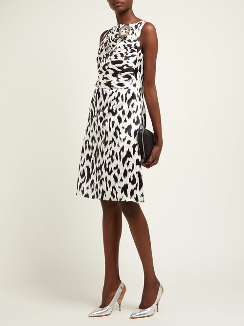 Calvin Klein Leopard-print Crystal Brooch Silk Dress Black White - 70% Off Sale