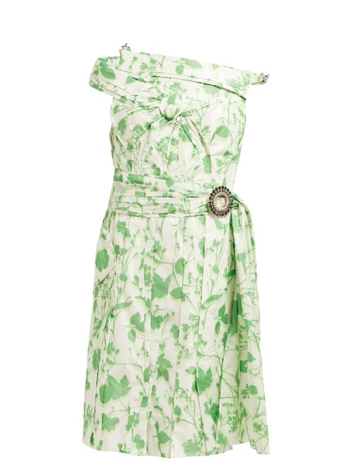 Calvin Klein – Crystal-buckle Floral-print Taffeta Dress Green White