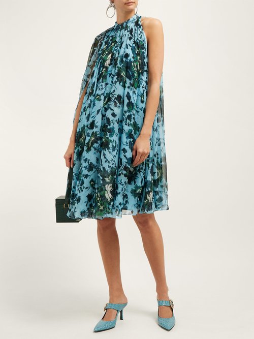Erdem Brigitta Fitzy Rose-print Silk-voile Cape Dress Blue Multi - 70% Off Sale