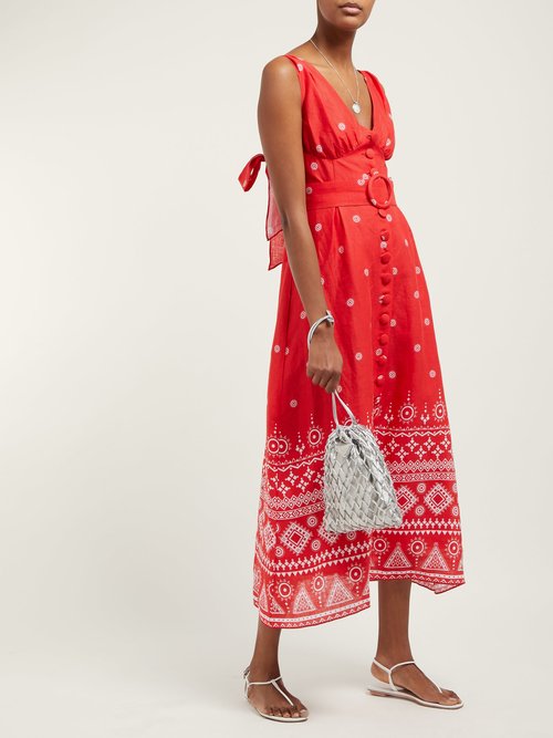 Gül Hürgel Geometric-pint Belted Linen Midi Dress Red Print - 70% Off Sale