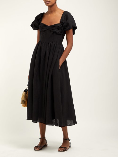 Gül Hürgel Cap-sleeve Gathered Linen Midi Dress Black - 70% Off Sale