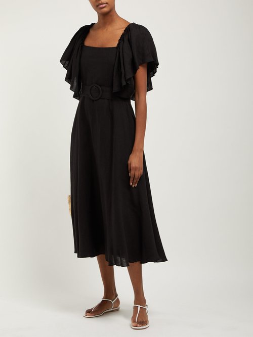 Buy Gül Hürgel Ruffle-trimmed Belted Linen Midi Dress Black online - shop best Gül Hürgel clothing sales