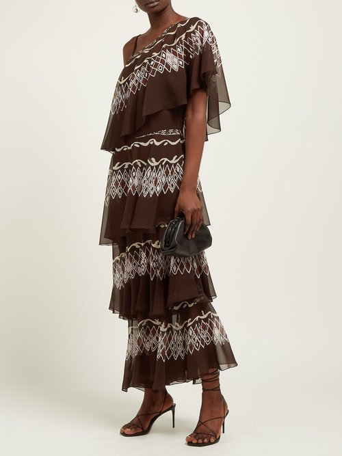 Fendi Tiered Diamond-print Silk Gown Brown Multi - 70% Off Sale