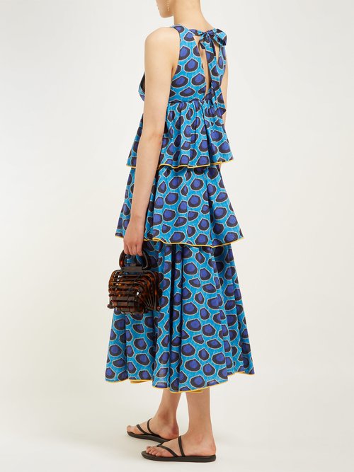 Rhode Leela Tiered Abstract-print Cotton Midi Dress Blue Print - 70% Off Sale