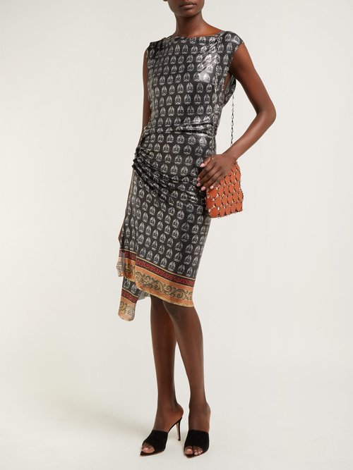 Paco Rabanne Yucca-print Ruched Chainmail Dress Black Multi - 70% Off Sale