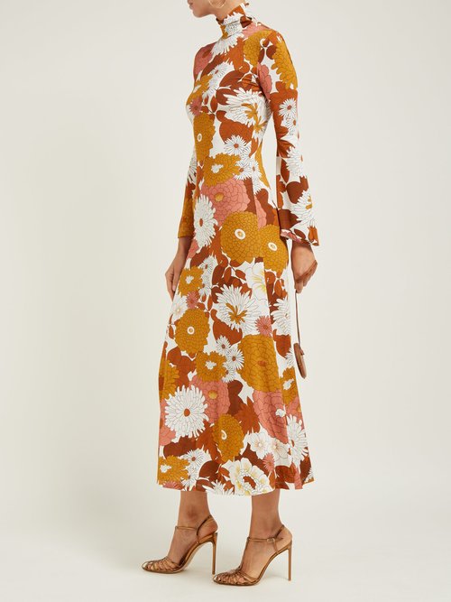 Dodo Bar Or Brigitte Floral-print Roll-neck Twill Dress Brown Multi - 60% Off Sale