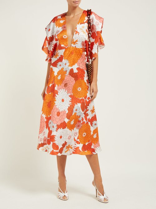Buy Dodo Bar Or Bernadette Floral-print Silk-jacquard Midi Dress Orange Multi online - shop best Dodo Bar Or clothing sales