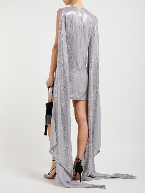 Ashish Luna Sequinned Drape-sleeve Mini Dress Silver - 70% Off Sale