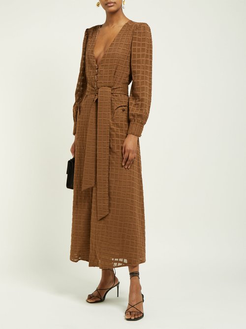 Blazé Milano Sirocco Belted Cotton-blend Midi Dress Brown - 70% Off Sale