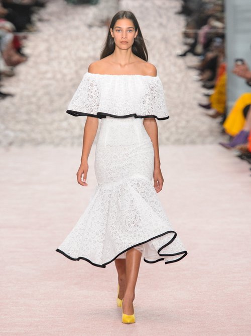 Carolina Herrera Off-the-shoulder Flared-hem Lace Midi Dress White Black - 70% Off Sale