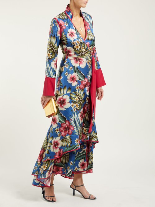 F.r.s For Restless Sleepers Hydros Floral-print Satin Wrap Dress Blue Multi - 70% Off Sale