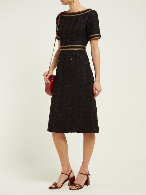 Gucci Ribbon-trimmed Embroidered Tweed Dress Black