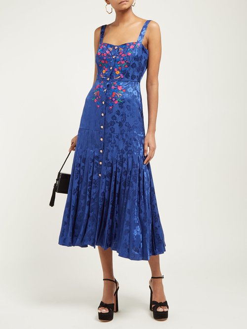 Saloni Karen Floral-jacquard Silk Midi Dress Blue Multi - 70% Off Sale