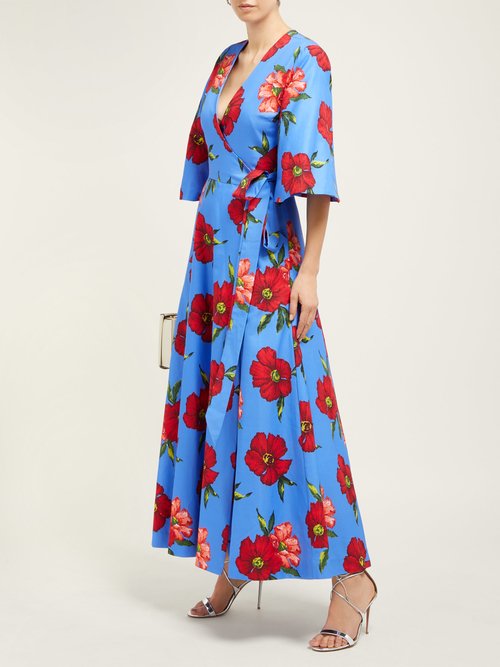 Rebecca De Ravenel Floral-print Cotton And Silk-blend Wrap Midi Dress Blue Multi - 70% Off Sale