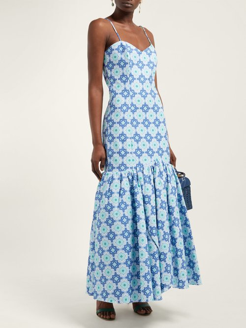 Rebecca De Ravenel Daffodil Floral-print Cotton-blend Dress Blue Print - 70% Off Sale