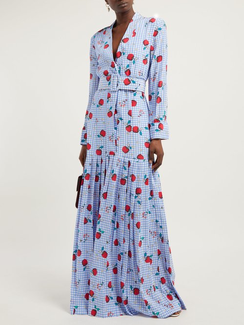 Rebecca De Ravenel Apple-print Gingham Silk Dress Blue Multi - 70% Off Sale